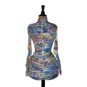 Shelly Colorful Abstract Long Sleeve Sheer Mesh Dress